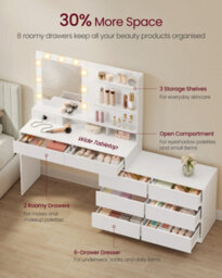 LEDREM Kailyn Collection - Dressing Table With Led Lighted Mirror And Power Outlets, Modern Vanity Table With 9 Bulbs, 8 Drawers - thumbnail 4