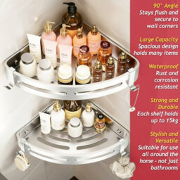 Spares2Go Luxury Shower Corner Shelf Storage Rack Bathroom Kitchen Bedroom Caddy Organiser (Brushed Silver, Pack Of 2) - thumbnail 4