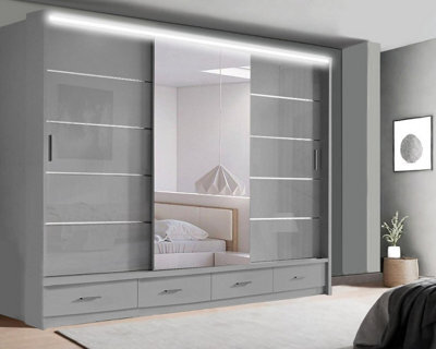 Ie Florence Wardrobe With Mirrors, Drawers & Shelves Sliding Door Wardrobe ( Grey, 256 Cm ) - image 1