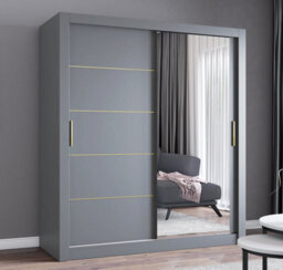 Fhif Ibiza Gold 150Cm Grey Sliding Door Wardrobe Modern Bedroom Storage With Full Length Mirror Shelves And Hanging Rails - thumbnail 1