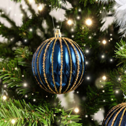 Melody Maison Set Of 2 Blue Glitter Striped Reeded Hanging Baubles - 8Cm - thumbnail 3