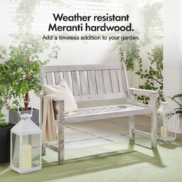 Vonhaus Grey Garden Bench 2 Seater, Acacia Wood Outdoor Bench, Armrests & Teak Oil Coat, Weather Resistant, Murcia - thumbnail 2