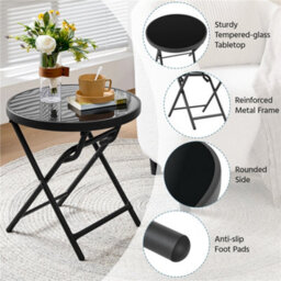 Yaheetech Black Round Outdoor Folding Side Table With Tempered Glass Top - thumbnail 5