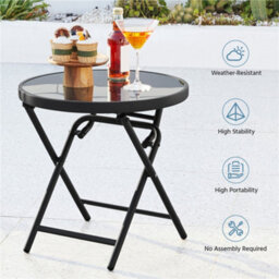Yaheetech Black Round Outdoor Folding Side Table With Tempered Glass Top - thumbnail 8
