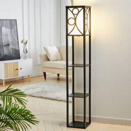 Living And Home 160Cm E27 Base Geometric Pattern Wooden Floor Lamp Floor Light With Storage Shelves And Foot Switch For Bedroom Living Room - thumbnail 1