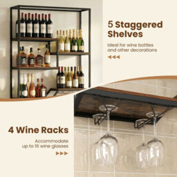 Gainoom Wine Rack Wall Mounted 5-Tier Wine Bottle Display Shelf With 4 Wine Glass Holders & Sturdy Metal Frame - thumbnail 7