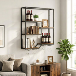 Gainoom Wine Rack Wall Mounted 5-Tier Wine Bottle Display Shelf With 4 Wine Glass Holders & Sturdy Metal Frame - thumbnail 3