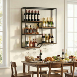 Gainoom Wine Rack Wall Mounted 5-Tier Wine Bottle Display Shelf With 4 Wine Glass Holders & Sturdy Metal Frame - thumbnail 4