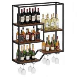 Gainoom Wine Rack Wall Mounted 5-Tier Wine Bottle Display Shelf With 4 Wine Glass Holders & Sturdy Metal Frame