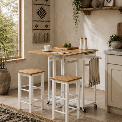 Wyld Haus Elvami Vafa Bamboo Drop-Leaf Kitchen Island Set With 2 Stools, Drawers And Towel Rack - White/natural - image 1