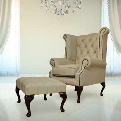 Chesterfield High Back Chair + Footstool Shelly Ivory Leather In Queen Anne Style - image 1