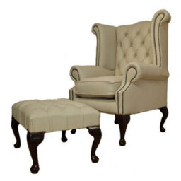 Chesterfield High Back Chair + Footstool Shelly Ivory Leather In Queen Anne Style - thumbnail 2