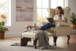 Chesterfield High Back Chair + Footstool Shelly Ivory Leather In Queen Anne Style - thumbnail 3
