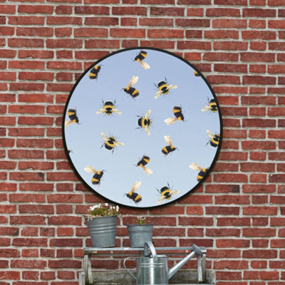 Mirroroutlet The Typis Black Metal Edged Circular Garden Wall Mirror With Bumble Bee Design 80Cm Diameter - image 1