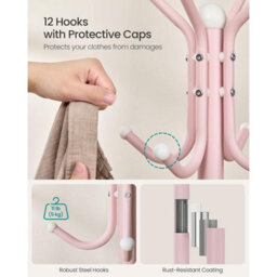 Songmics Standing Coat Organizer With Hooks, Metal Hall Tree For Jackets And Bags, Bedroom Storage Rack, Jelly Pink - thumbnail 5