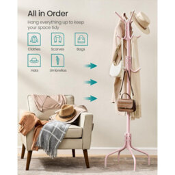 Songmics Standing Coat Organizer With Hooks, Metal Hall Tree For Jackets And Bags, Bedroom Storage Rack, Jelly Pink - thumbnail 4