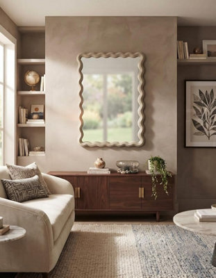 Deenz The Rectangle Wavy Design Fawn Beige Wall Mirror Plastic Framed Boho-Chic Home Furniture Décor Both Orientations 43X33X2.2Cm - image 1
