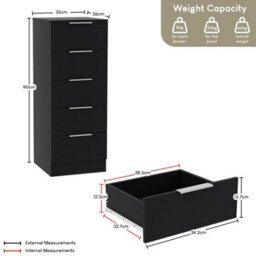 Lassic Vida Designs Trega 5-Drawer Narrow Chest In Black Compact Storage Solution For Small Rooms & Nurseries, 900(H) X 345(W) X 360(D) - thumbnail 3