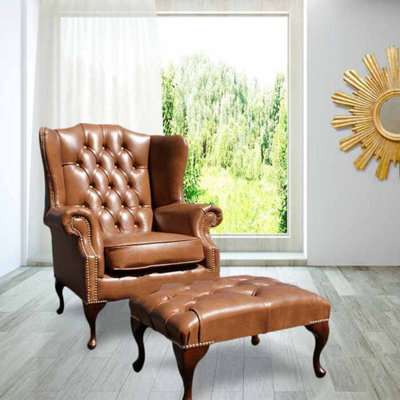 Chesterfield High Back Wing Chair + Footstool Old English Tan Leather In Mallory Style - image 1