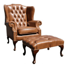Chesterfield High Back Wing Chair + Footstool Old English Tan Leather In Mallory Style - thumbnail 2