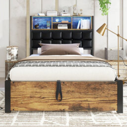 Btm 3Ft Hydraulic Metal Bed 90X190 Cm, Single Bed With Charging Port, Soft Headboard Storage, Iron+Mdf, Black+Wood - thumbnail 5