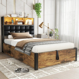 Btm 3Ft Hydraulic Metal Bed 90X190 Cm, Single Bed With Charging Port, Soft Headboard Storage, Iron+Mdf, Black+Wood - thumbnail 6