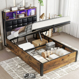 Btm 3Ft Hydraulic Metal Bed 90X190 Cm, Single Bed With Charging Port, Soft Headboard Storage, Iron+Mdf, Black+Wood - thumbnail 4