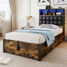 Btm 3Ft Hydraulic Metal Bed 90X190 Cm, Single Bed With Charging Port, Soft Headboard Storage, Iron+Mdf, Black+Wood - thumbnail 2