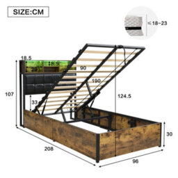 Btm 3Ft Hydraulic Metal Bed 90X190 Cm, Single Bed With Charging Port, Soft Headboard Storage, Iron+Mdf, Black+Wood - thumbnail 7