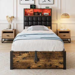 Btm 3Ft Hydraulic Metal Bed 90X190 Cm, Single Bed With Charging Port, Soft Headboard Storage, Iron+Mdf, Black+Wood - thumbnail 3