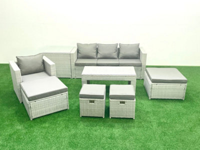 Fimous Rattan Garden Furniture Set Outdoor Lounger Sofa Coffee Table 4 Stools Side Table Light Grey 8 Seater - image 1