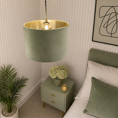 CGC Lighting Cgc Nila Luxury Olive Green Velvet & Gold Inner Round Pendant Drum Lamp Shade - image 1