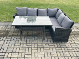 Fimous 6 Seater Garden Rattan Furniture Corner Sofa Dining Table Set With Temper Glass And Cushions Indoor Outdoor Lounge Sofa Set - thumbnail 2