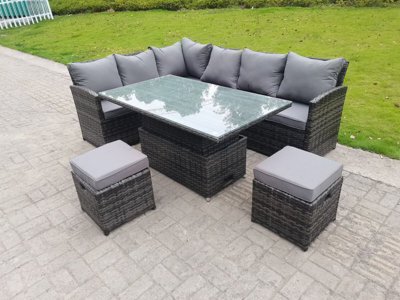 Fimous High Back Corner Rattan Garden Furniture Sofa Dining Rising Table Height Adjustable 8 Seater 2 Small Foot Stools - image 1