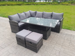 Fimous High Back Corner Rattan Garden Furniture Sofa Dining Rising Table Height Adjustable 8 Seater 2 Small Foot Stools - thumbnail 5
