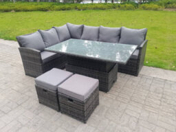 Fimous High Back Corner Rattan Garden Furniture Sofa Dining Rising Table Height Adjustable 8 Seater 2 Small Foot Stools - thumbnail 4