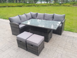 Fimous High Back Corner Rattan Garden Furniture Sofa Dining Rising Table Height Adjustable 8 Seater 2 Small Foot Stools - thumbnail 3