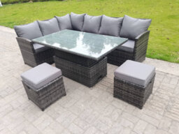 Fimous High Back Corner Rattan Garden Furniture Sofa Dining Rising Table Height Adjustable 8 Seater 2 Small Foot Stools - thumbnail 2
