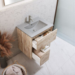 Homestylestore Light Oak 612mm Wall Hung Bathroom Vanity Unit Led Lit Open Shelf And Pebble Basin - thumbnail 2
