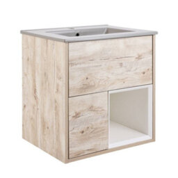 Homestylestore Light Oak 612mm Wall Hung Bathroom Vanity Unit Led Lit Open Shelf And Pebble Basin