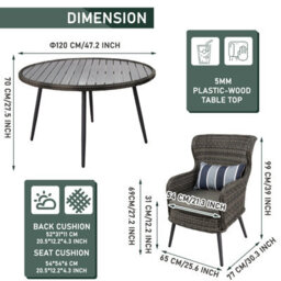 5 Pcs Luxury Rattan Dining Set, Outdoor Patio Dining Set Round Table Chairs Set With Soft Cushion - Gray Table - thumbnail 8