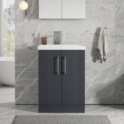 Balterley Belvide Partial Fluted 2 Door Floor Standing Vanity Unit With 1 Tap Hole Thin-Edge Basin- 600mm - Satin Dark Grey - thumbnail 2