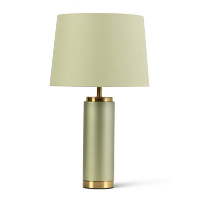 Lighting Supermarket Cylinder Frosted Sage Green Table Lamp With Green Gold Lined Shade - image 1