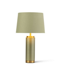 Lighting Supermarket Cylinder Frosted Sage Green Table Lamp With Green Gold Lined Shade - thumbnail 2