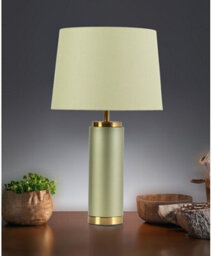 Lighting Supermarket Cylinder Frosted Sage Green Table Lamp With Green Gold Lined Shade - thumbnail 7