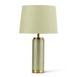 Lighting Supermarket Cylinder Frosted Sage Green Table Lamp With Green Gold Lined Shade - thumbnail 1