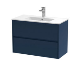 Nuie Havana Wall Hung 2-Drawer Unit & Minimalist Ceramic Basin, Modern Sink Vanity Unit In Midnight Blue With White Basin - thumbnail 5