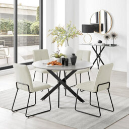 Furniturebox Uk Novara Grey Concrete Effect Black Leg 120Cm Round Dining Table & 4 Cream Halle Chairs - thumbnail 1