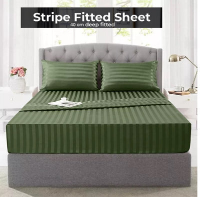 Ameha Stripe Fitted Sheet 40 Cm Deep Pocket- Hypoallergenic Easy Care Olive Green Bed Sheets Uk King Bedsheet(152X200Cm) - image 1