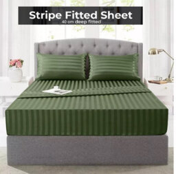 Ameha Stripe Fitted Sheet 40 Cm Deep Pocket- Hypoallergenic Easy Care Olive Green Bed Sheets Uk King Bedsheet(152X200Cm) - thumbnail 1